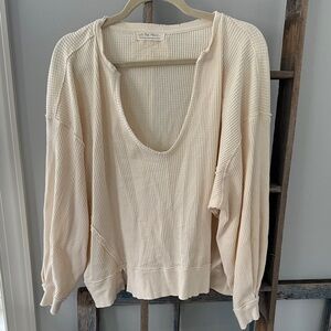 We the free Cream Waffle Knit V-Neck Sweater